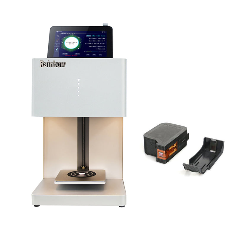 RB-FT5 3D coffee printer printing high-resolution custom images on latte, beer, and small cakes via Wi-Fi tablet