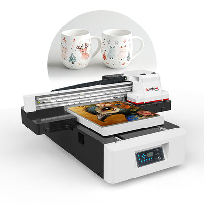 Nano 9 A1 UV flatbed printing machine offering versatile printing on rotary and flat applications like phone cases, mugs