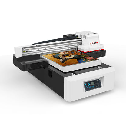 Flatbed UV printer Nano 9 A1 supports CMYKLcLm+white+varnish one-pass printing on glass, metal, wood